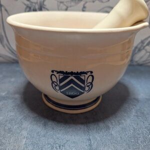 Elegant Cream Mortar and Pestle with Blue Crest